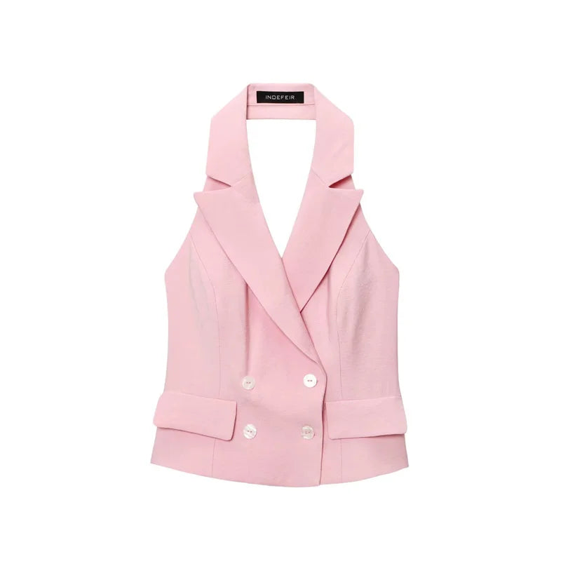 Women's Tops 2025 New Double-Breasted Halterneck Pink Vest Casual and fashionable women's vest