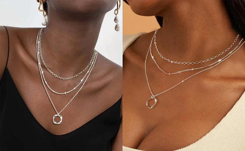 Layered 925 Silver Plated Stackable Stack Choker Necklaces Trendy Layering Circle Pendant Chain Necklace Jewelry for Women Girls