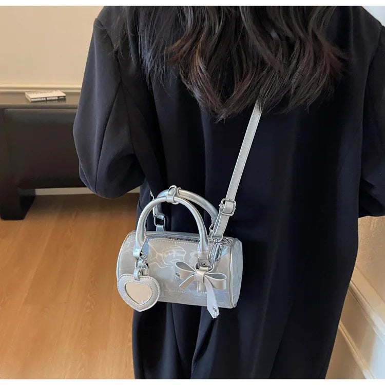 2025 Bow-Embellished Boston Bag Women Fashion Shoulder Crossbody Purse Stylish Cylinder Handbag for Work Travel Outings