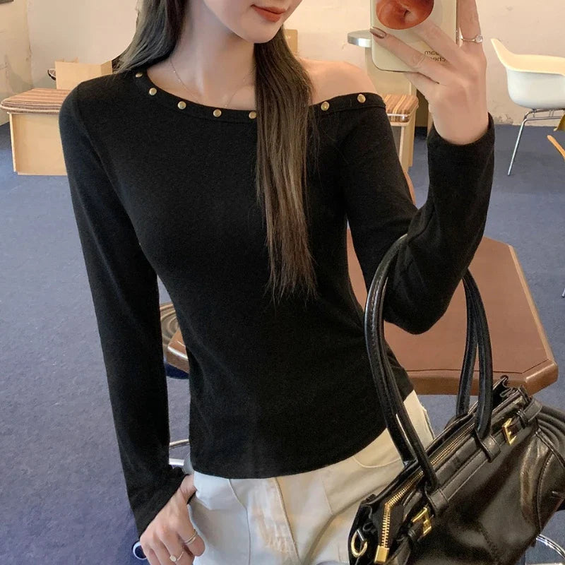 Sexy Slanted Shoulder Bottom T-shirts for Women 2025 Autumn New Black Long Sleeve Casual Slim Fit Women's Tops T-shirts
