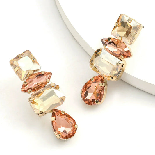 Luxury Crystal Drop Earrings for Women Geometric Champagne Peach Rhinestone Elegant Daily Wear Chic Fashion Jewelry