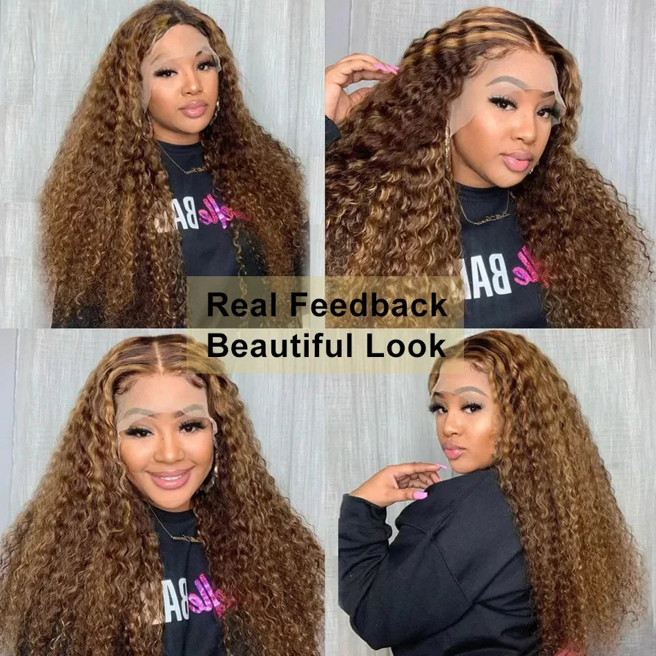 P427 Curly Highlight Wig Human Hair 13x4 HD Lace Frontal Wigs Preplucked 200 Density    100% Human Hair Deep Wave wig For Women