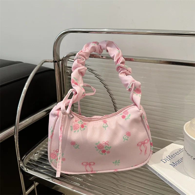 Gentle and Sweet Flower Canvas Bag for Women 2025 New Drawstring Shoulder Bag High Beauty Broken Flower Bow