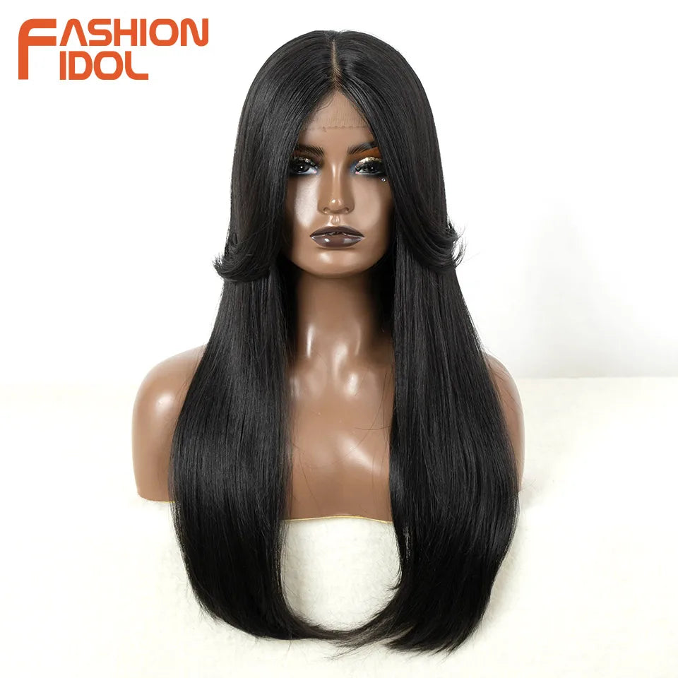 FASHION IDOL Cosplay Wig Synthetic With Bangs Lace Front Wigs For Women Ombre Brown 24 Inch Highlight Glueless Straight Lace Wig