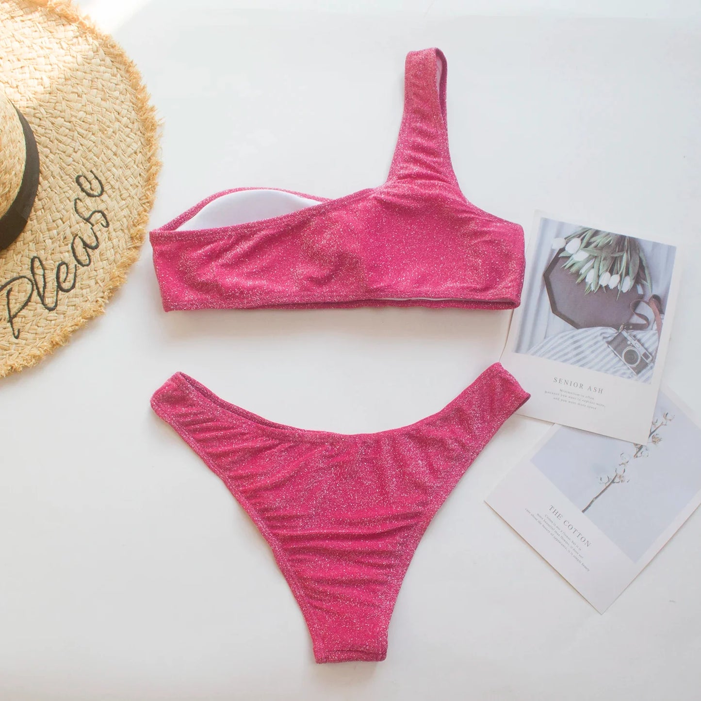 Women Sexy Bikini Set Biquini Ladies One Shoulder Blingbling Swimsuit  Female Two Piece Glitter Solid Color SwimwearW2023