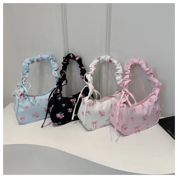 Gentle and Sweet Flower Canvas Bag for Women 2025 New Drawstring Shoulder Bag High Beauty Broken Flower Bow