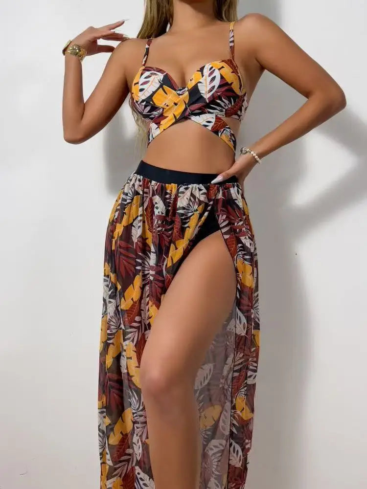 2025 New Sexy 3 Piece Bikini Set Black Push Up Bikini with Leaf Print, Low Waist Bottoms & Skirt Women's Swimsuit