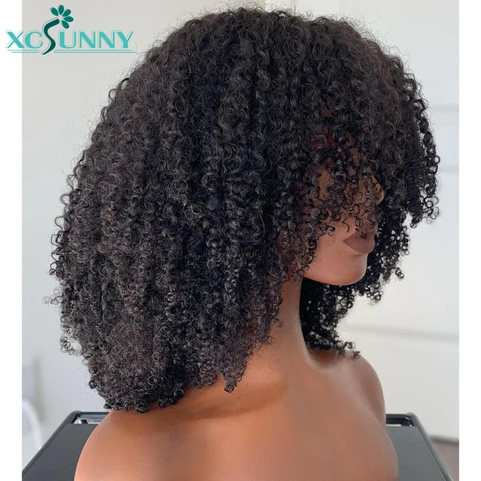 Kinky Curly Human Hair Wigs With Bangs For Black Women Natural Hair Wig Brazilian Machine Made O Scalp Wig