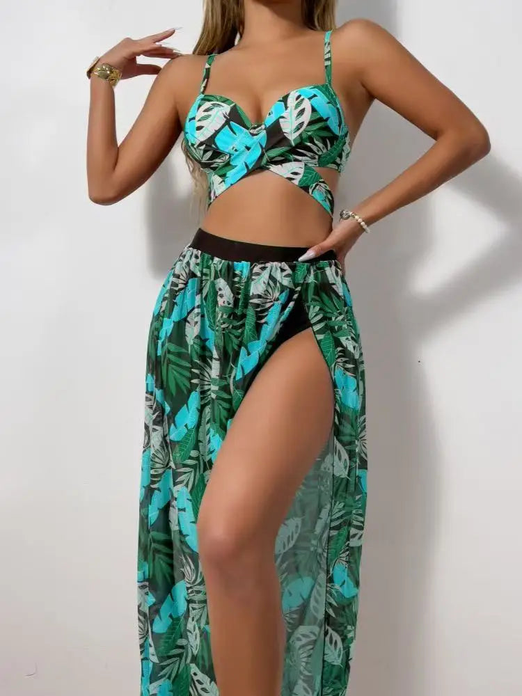 2025 New Sexy 3 Piece Bikini Set Black Push Up Bikini with Leaf Print, Low Waist Bottoms & Skirt Women's Swimsuit