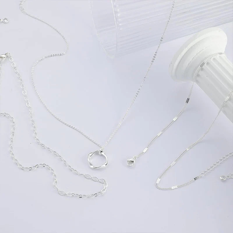 Layered 925 Silver Plated Stackable Stack Choker Necklaces Trendy Layering Circle Pendant Chain Necklace Jewelry for Women Girls