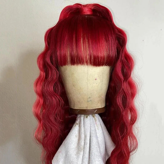 Synthetic Hair Bangs Fringe Burgundy Black Deep Wave Long  13x4 Lace Front Wigs for Black Women Glueless Cosplay Daily Wear Wigs