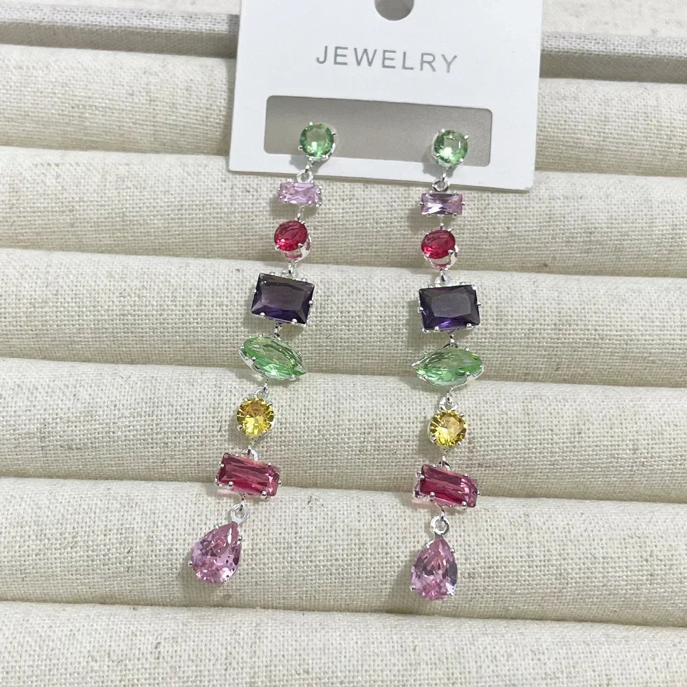 Luxury Rainbow Crystal Dangle Drop Earrings for Women Wedding Party Jewelry Accessories Gorgeous Cubic Zirconia Bridal Brincos