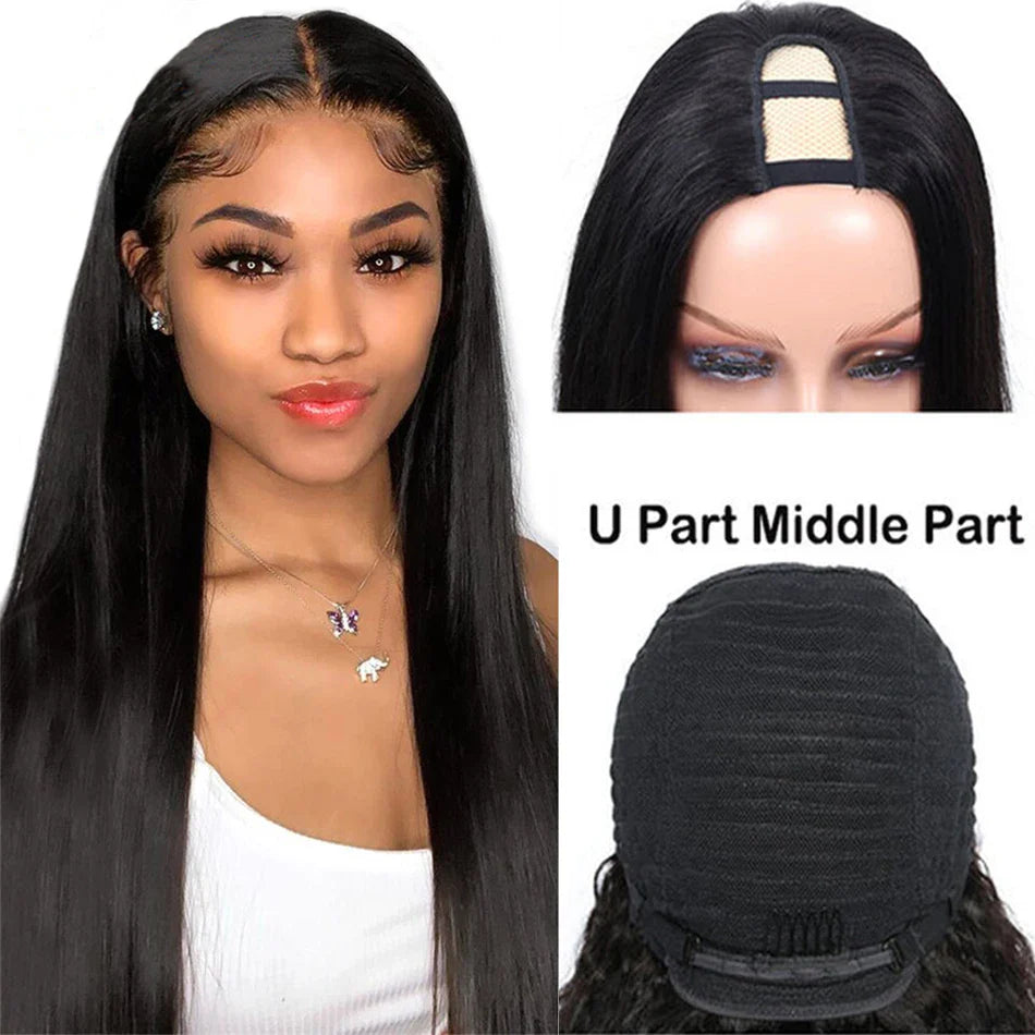 Straight U Part Wig Human Hair No Leave Out No Glue Brazilian Glueless Bone Straight Human Hair Wigs for Women 180% Density