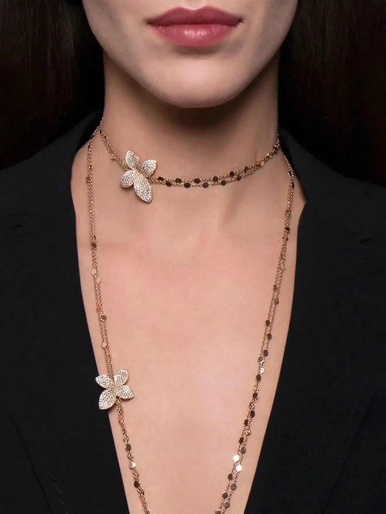 A petal pendant necklace, layered with double layered rhinestones, exuding a sophisticated banquet accessory for women