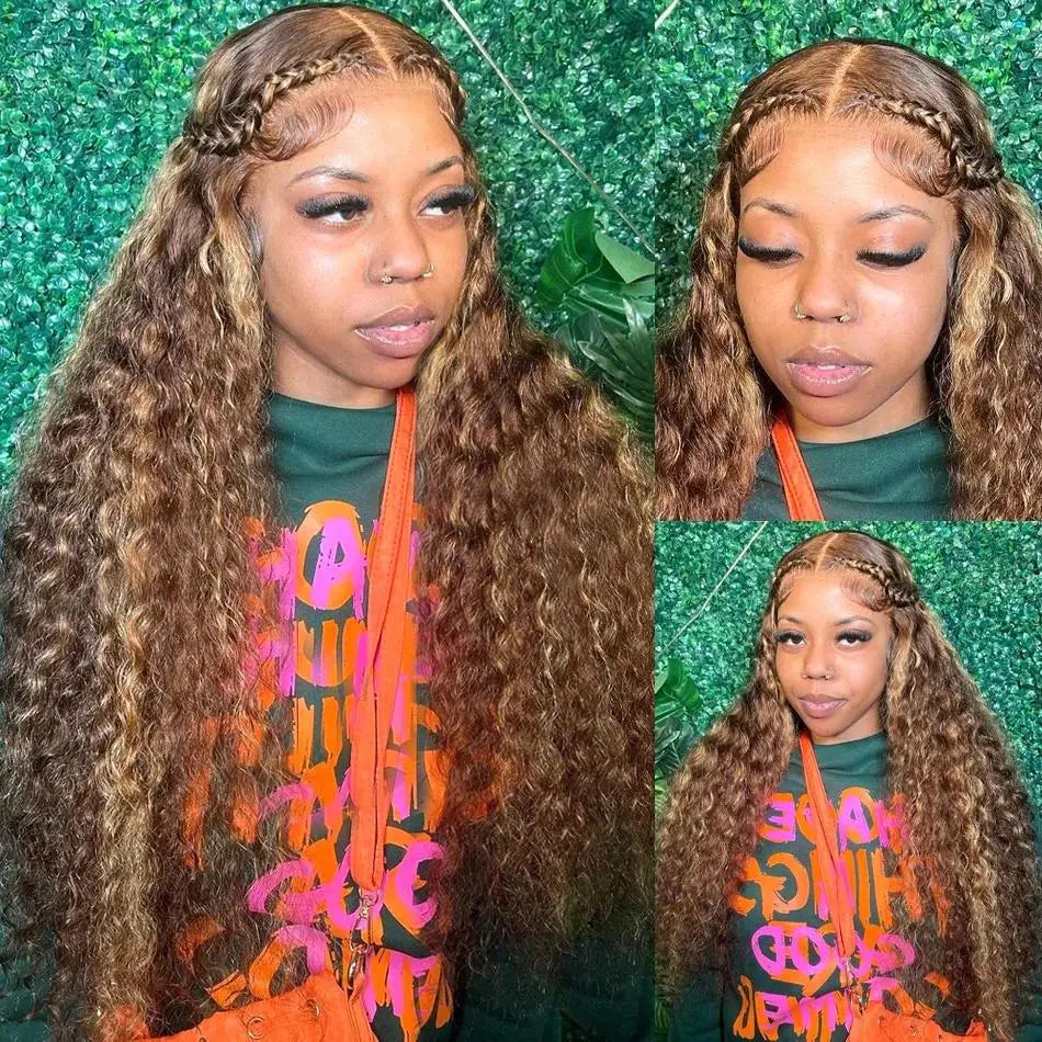 P427 Curly Highlight Wig Human Hair 13x4 HD Lace Frontal Wigs Preplucked 200 Density    100% Human Hair Deep Wave wig For Women