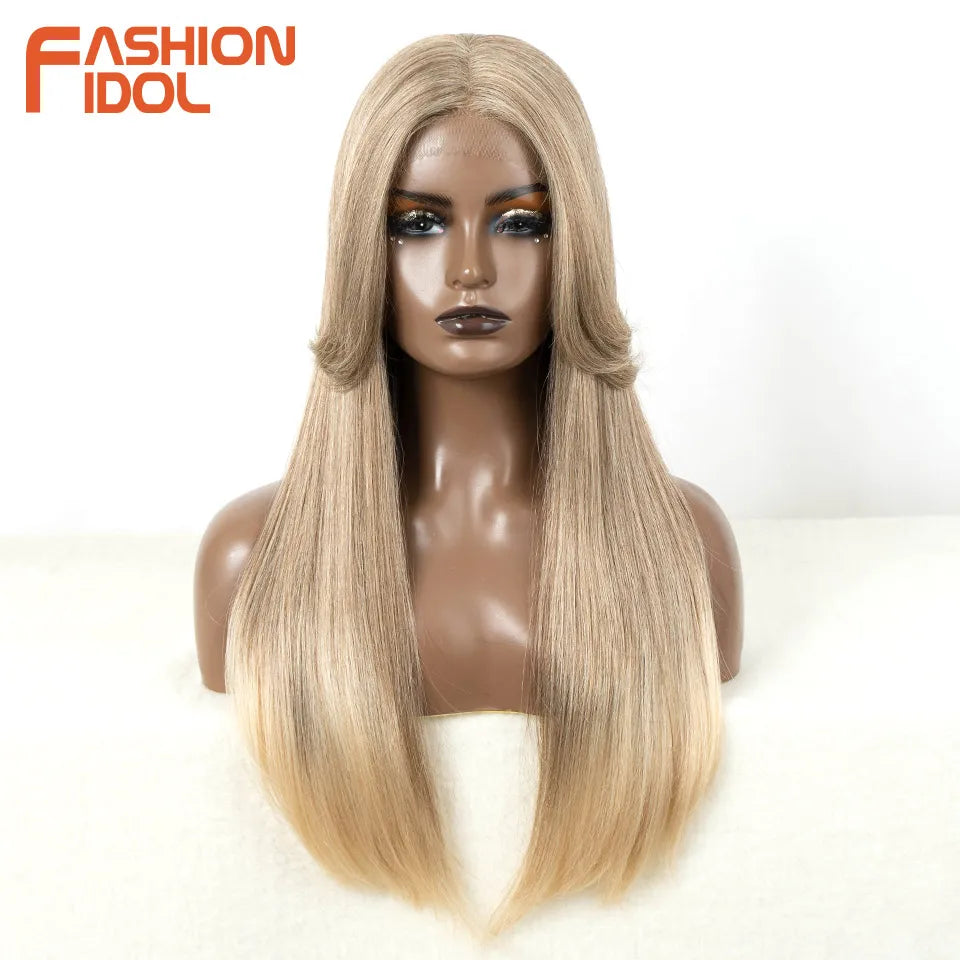 FASHION IDOL Cosplay Wig Synthetic With Bangs Lace Front Wigs For Women Ombre Brown 24 Inch Highlight Glueless Straight Lace Wig