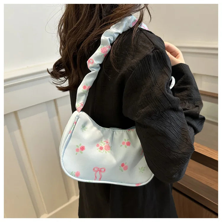Gentle and Sweet Flower Canvas Bag for Women 2025 New Drawstring Shoulder Bag High Beauty Broken Flower Bow
