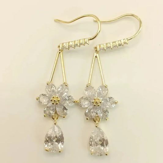 Luxury Crystal Flower Water Drop Dangle Earrings for Women Temperament Trendy Gold Color Zircon Wedding Bride Korea Jewelry Gift