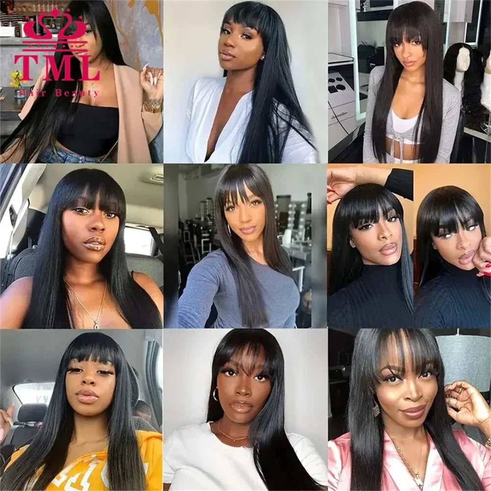 Bone Straight Human Hair Wigs With Bang Full Machine Made Wigs Natural Color Glueless Peruvian Straight Remy Human Hair Wigs