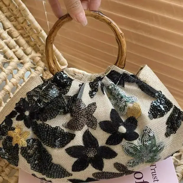 Handbags For Women Bamboo Handle Sequin Design Elegant Banquet Clutch Floral Linen Bag Women's Wrist Bags Lady Mini Purse Wallet