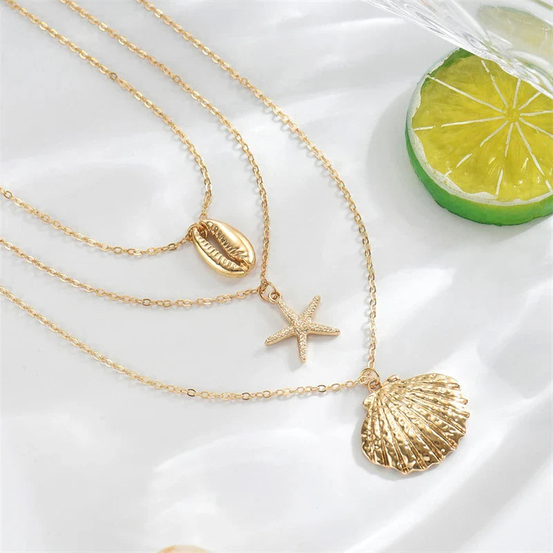 Simple Layered Pendant Necklace for Women Vintage Metal Starfish Sea Shell Multi layer Necklaces Vacation Ocean Style Jewelry