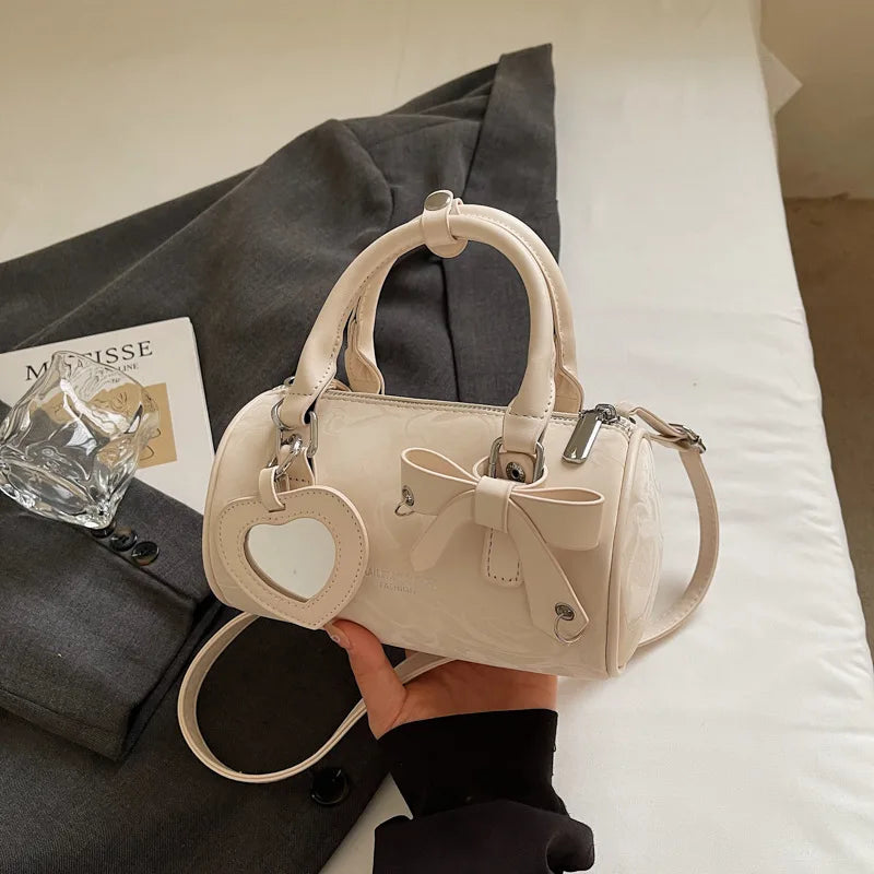 2025 Bow-Embellished Boston Bag Women Fashion Shoulder Crossbody Purse Stylish Cylinder Handbag for Work Travel Outings