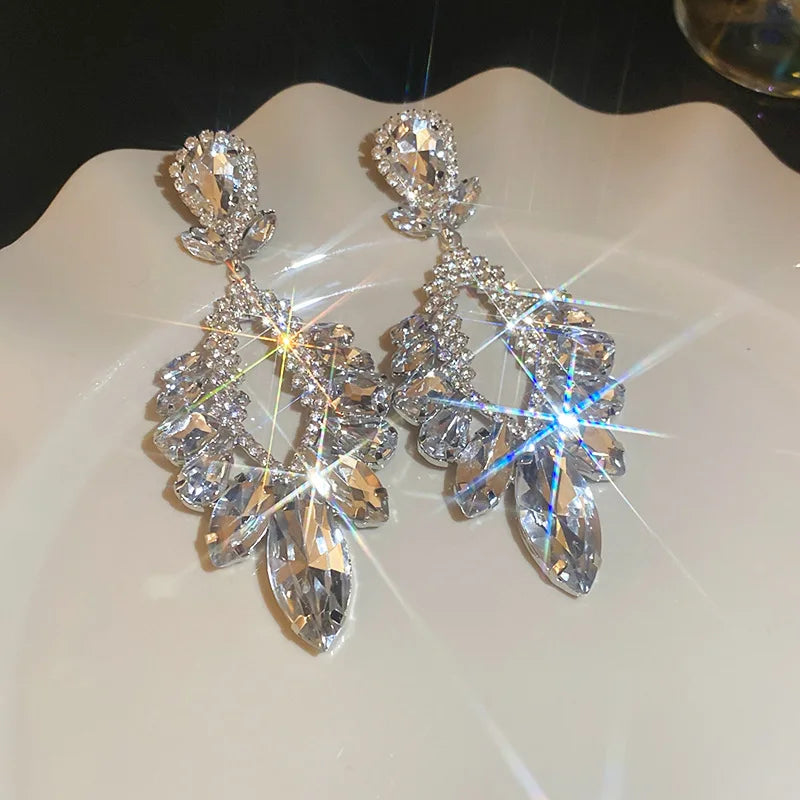 Luxury Design Sparkly Full Crystal Dangle Drop Earrings for Women Exaggerated Long Earrings Female Wedding Ear Accessories