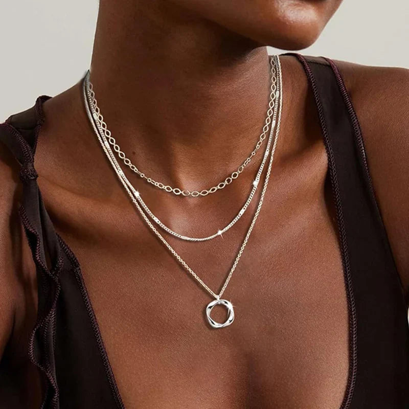 Layered 925 Silver Plated Stackable Stack Choker Necklaces Trendy Layering Circle Pendant Chain Necklace Jewelry for Women Girls