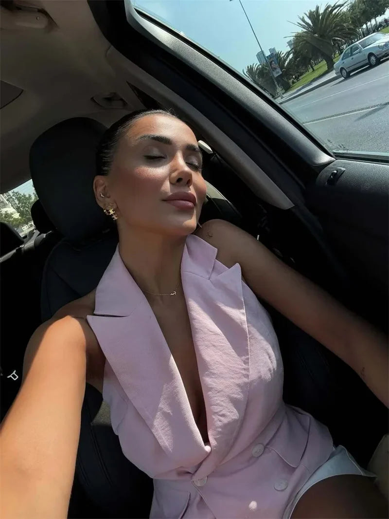Women's Tops 2025 New Double-Breasted Halterneck Pink Vest Casual and fashionable women's vest