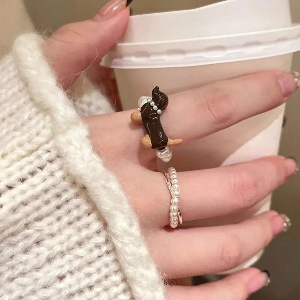 Delicate Puppy Pearl Rings for Women Girls Cute Cartoon Imitation Pearl Bead Ring Set Fashion Jewelry Accessories Student Gifts