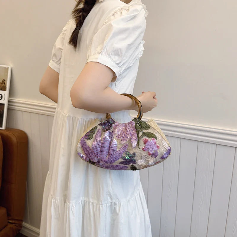Handbags For Women Bamboo Handle Sequin Design Elegant Banquet Clutch Floral Linen Bag Women's Wrist Bags Lady Mini Purse Wallet