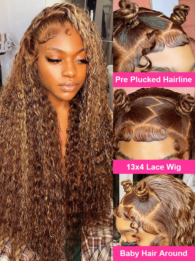 4/27 Curly Wigs 13x4 Highlight Deep Wave Wig Human Hair Ombre Honey Blonde Brown Colored Brazilian Water Wave Human Hair Wig