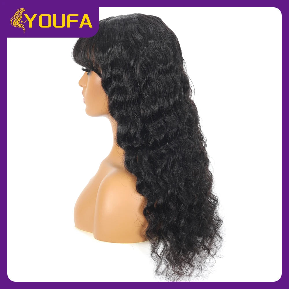 Scalp Deep Wave Human Hair Wigs 3 Inch Scalp Hairline Realistic Look Human Hair Bang Wigs 250 Density Loose Deep Wig With Bangs