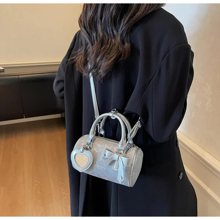 2025 Bow-Embellished Boston Bag Women Fashion Shoulder Crossbody Purse Stylish Cylinder Handbag for Work Travel Outings