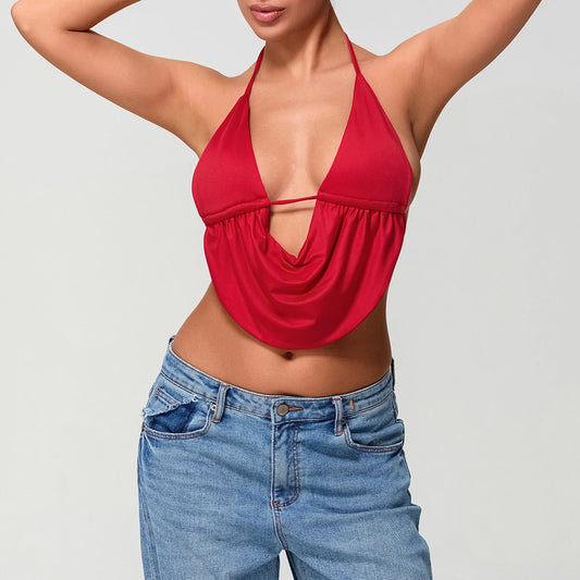 Sexy Deep V Neck Halter Tops for Women Sleeveless Tie Back Asymmetrical Hem Camisole Y2k Low Cut Backless Tank TopS