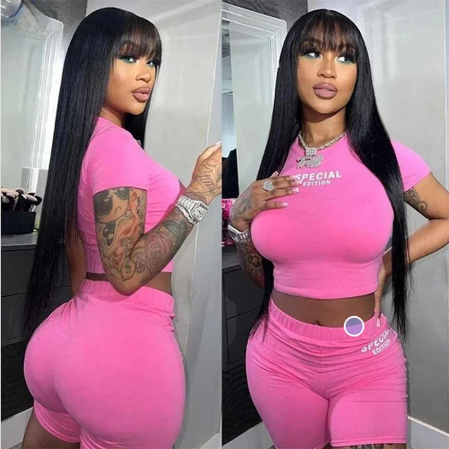 32 Inch Straight Human Hair Wigs With Bangs For Women Cheap Machine Made Fringe Wig 100% Human Hair Brazilian Wigs with Bangs