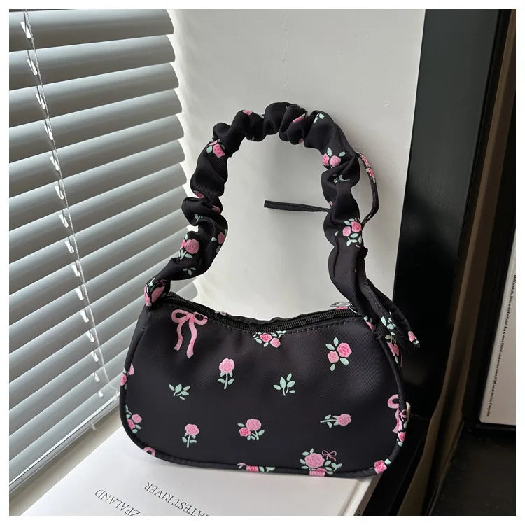 Gentle and Sweet Flower Canvas Bag for Women 2025 New Drawstring Shoulder Bag High Beauty Broken Flower Bow