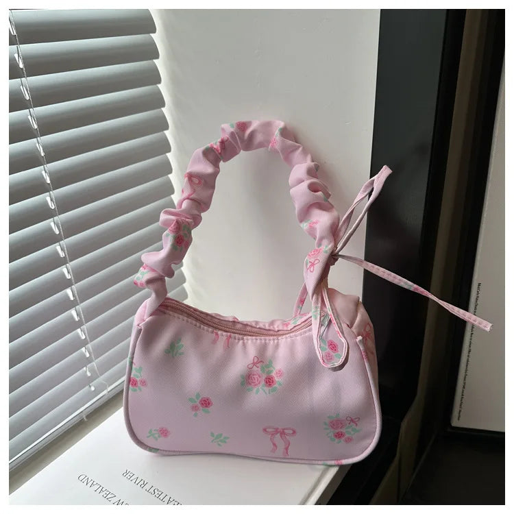 Gentle and Sweet Flower Canvas Bag for Women 2025 New Drawstring Shoulder Bag High Beauty Broken Flower Bow