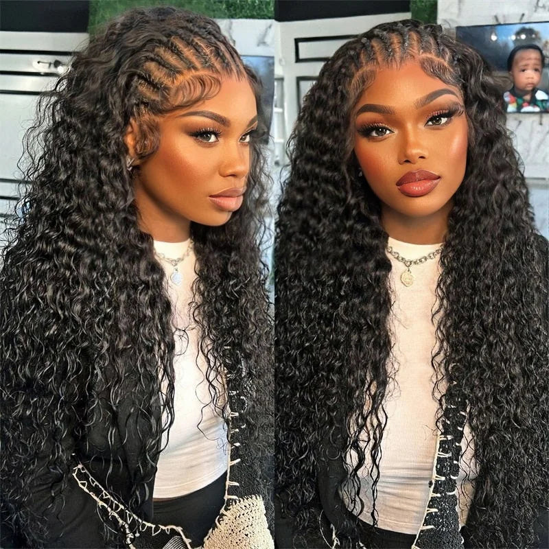 Deep Wave Pre Braided Wigs 13x4 HD Lace Frontal Black Human Hair Curly Wigs boho braids Water Wave Brazilian human hair Wigs