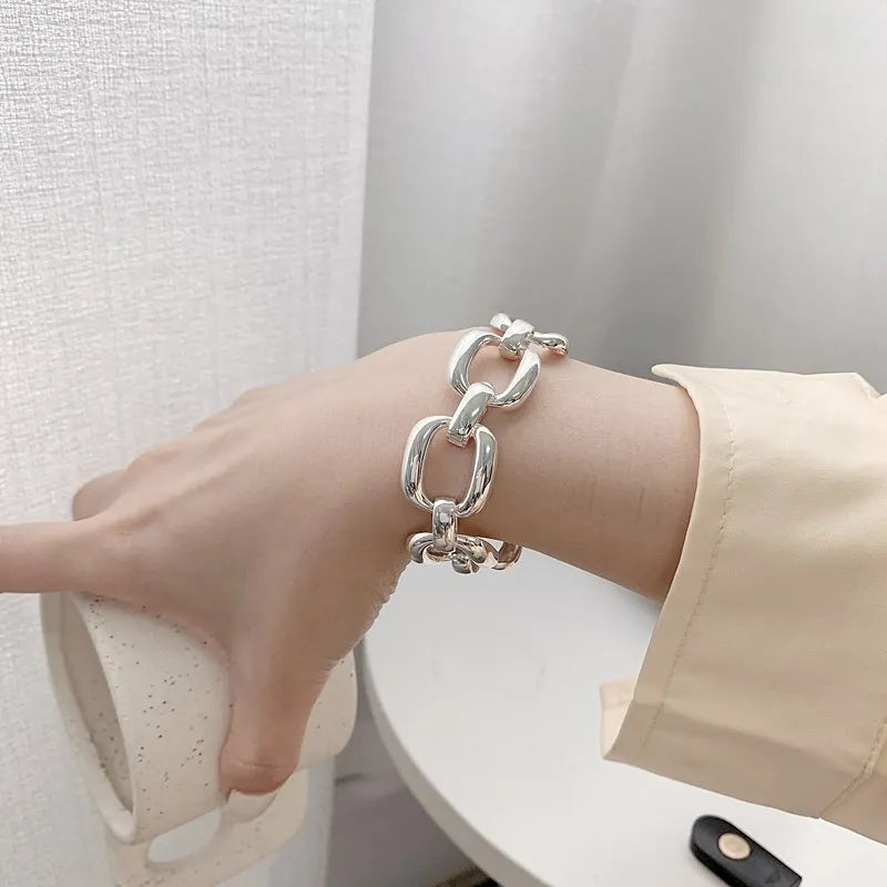 925 Sterling Silver Bracelets for Women Trend Hip Hop Vintage Thick Chain Creative Hollow Geometric Design Party Jewelry