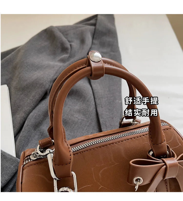 2025 Bow-Embellished Boston Bag Women Fashion Shoulder Crossbody Purse Stylish Cylinder Handbag for Work Travel Outings