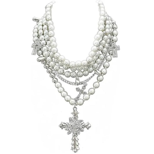 Layered Pearl Necklace for Women Gothic Cross Pearl Stacked Statement Pendant Necklace for Mom Girls Wedding Party Jewerly