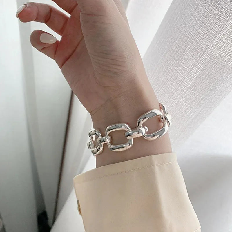 925 Sterling Silver Bracelets for Women Trend Hip Hop Vintage Thick Chain Creative Hollow Geometric Design Party Jewelry