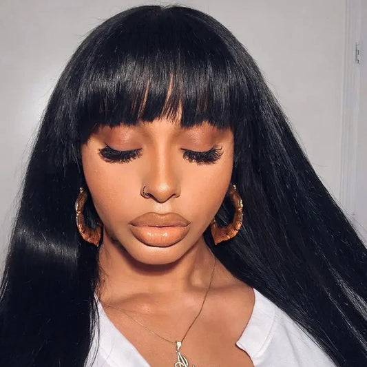 32 Inch Straight Human Hair Wigs With Bangs For Women Cheap Machine Made Fringe Wig 100% Human Hair Brazilian Wigs with Bangs