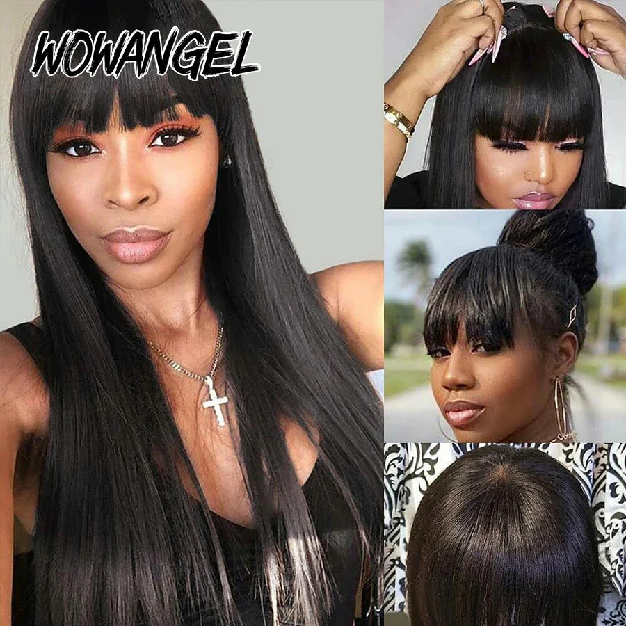 WOWANGEL Bone Straight Wig With Bangs 13x6 HD Lace Front Human Hair Wig Brazilian Vrigin Skinlike HD Lace Frontal Wigs For Women