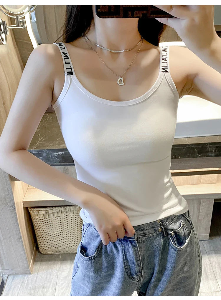 Cotton Camisole Bottom Shirt Tank Top Women Inner White Short Slim Outerwear Tops Sporty Bottom Letter Shoulder Strap