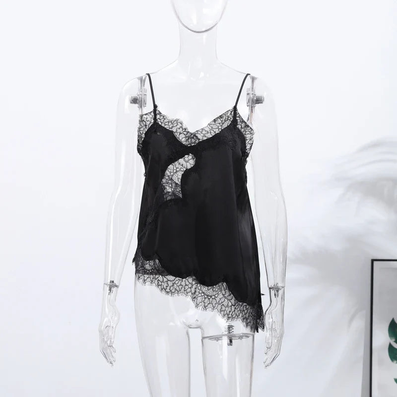 Summer Women Halter Top Satin Lace Spliced Tank Backless Deep Neck Sexy Vest Irregular Hem Vestidos 2025 Lady Vacation Sexy Tops