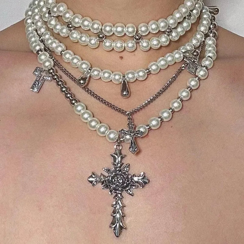 Layered Pearl Necklace for Women Gothic Cross Pearl Stacked Statement Pendant Necklace for Mom Girls Wedding Party Jewerly