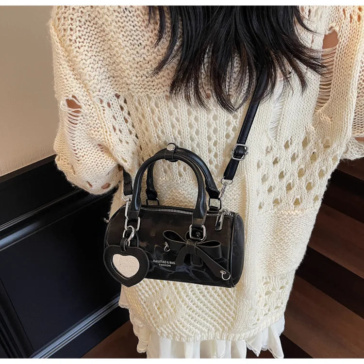2025 Bow-Embellished Boston Bag Women Fashion Shoulder Crossbody Purse Stylish Cylinder Handbag for Work Travel Outings