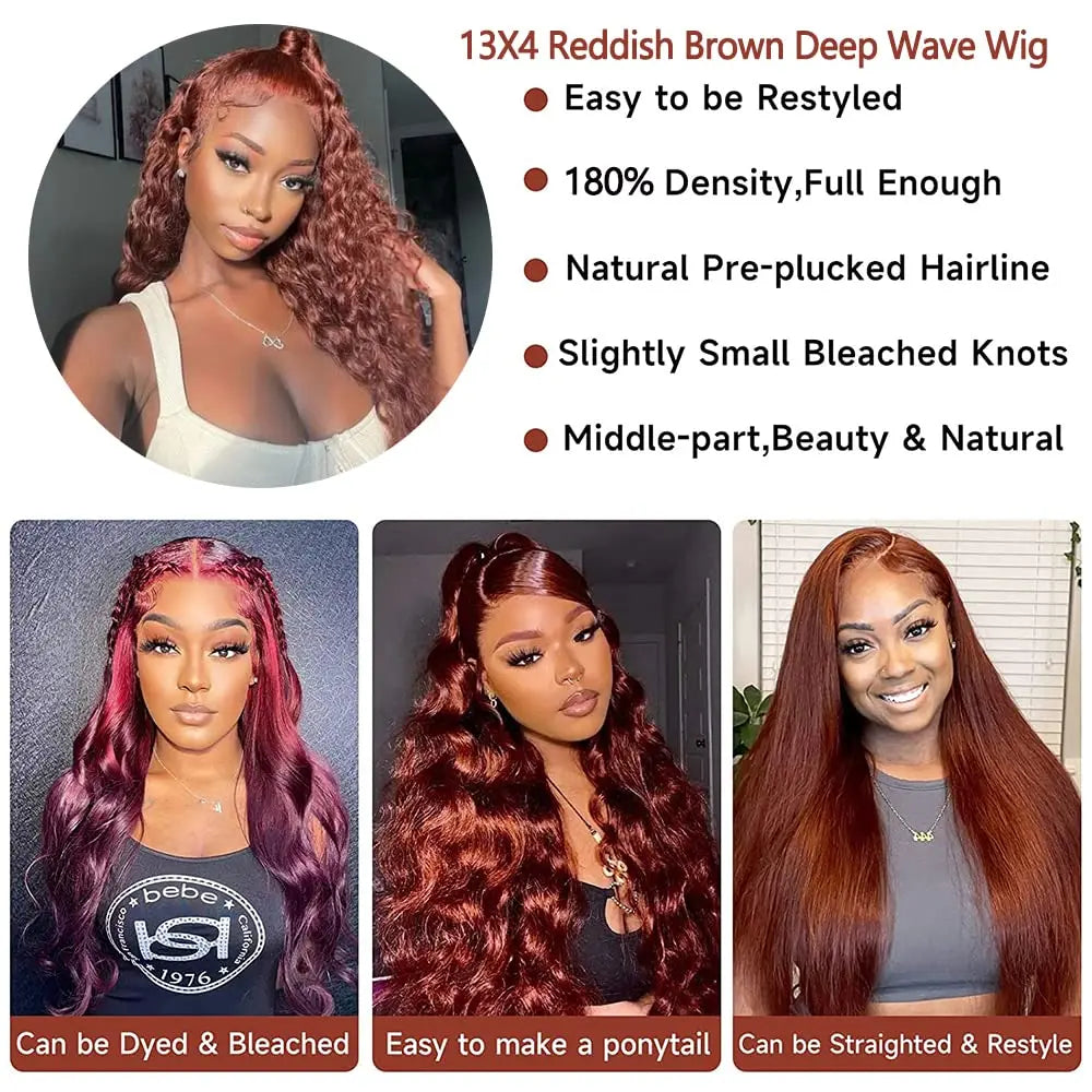 Loose Deep Wave 13x4 Hd Lace Frontal Reddish Brown Human Hair Curly Wigs Water Wave Brazilian Brown Colored Wigs For Women